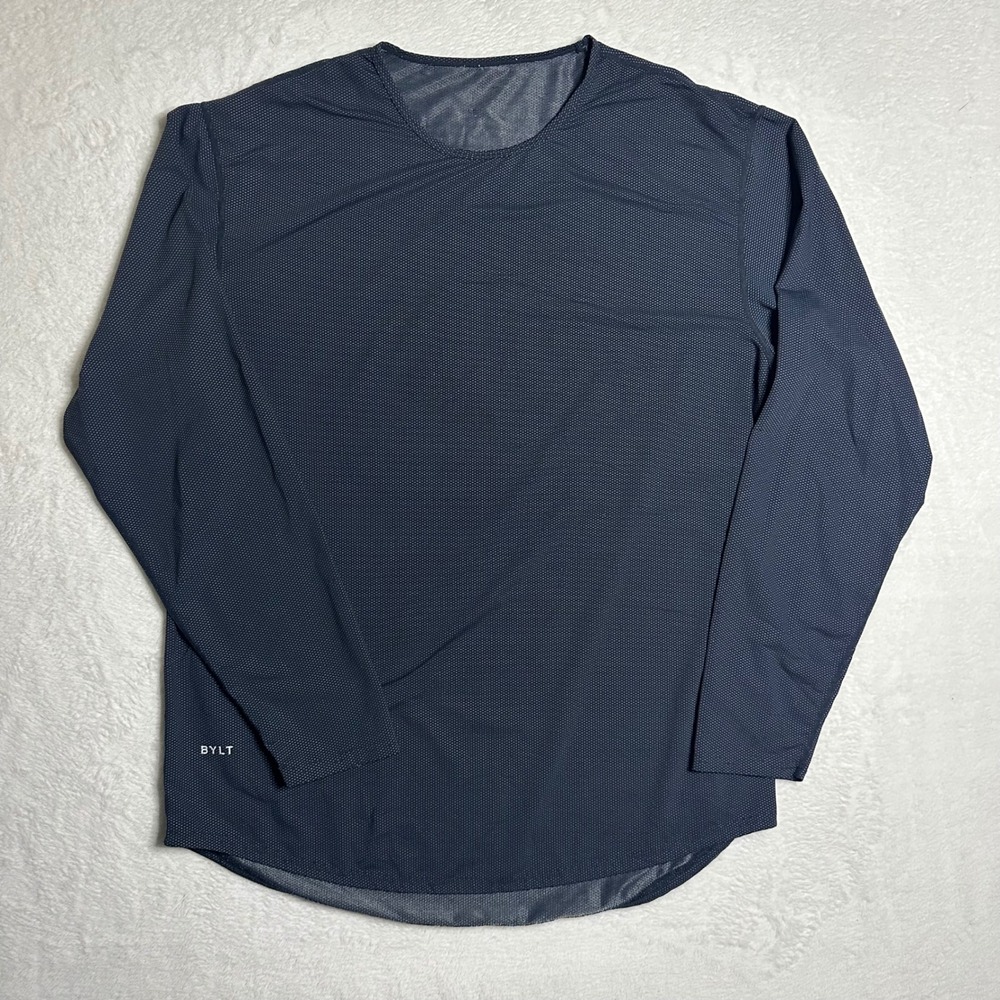 BYLT Basics Mens Navy Blue Drop-Cut Performance Long Sleeve Shirt L Athletic Fit